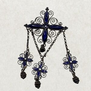 Authentic Antique Marius Hammer Silver 930 Filigree Brooch with Blue Enamel